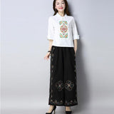 CNY Retro Embroidery Elastic Waist Palazzo Pants