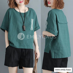 3/4 Sleeve Round Neck Cotton Top [Pre-Order] Color: Green - Size: L-Xl Tops