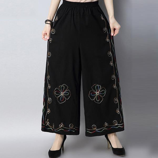 CNY Retro Embroidery Elastic Waist Palazzo Pants