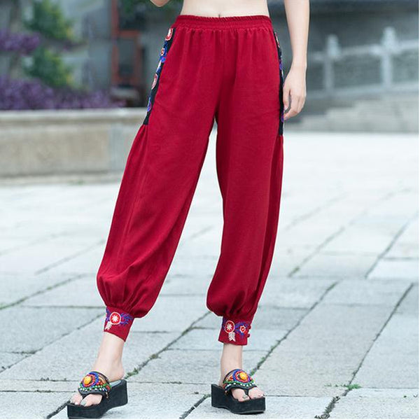 CNY Retro Embroidery Elastic Waist Pants