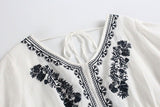 Linen Embroidery V-Neck Midi Dress
