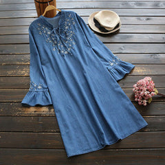Embroidery Neckline Ruffled Sleeve Dress