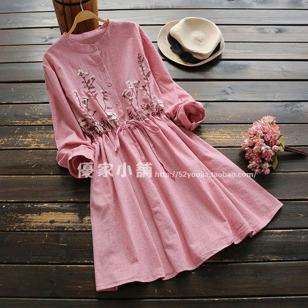 Embroidery Stripe Lattice Tie Dress 575296529946#3773831628348