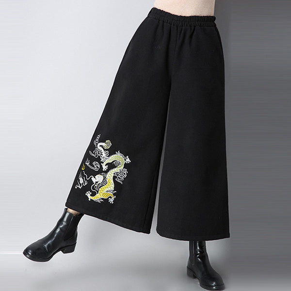 CNY Retro Embroidered Elastic Waist Palazzo Pants [Pre-Order] Color: Black - Size: M-XL 578005531261#3821235277376 578005531261#3821235277377 578005531261#3821235277375