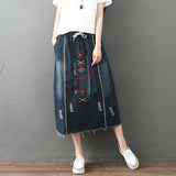 Elastic Waist Embroidery A-Line Denim Skirt