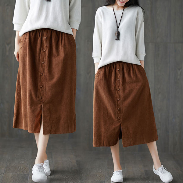 Elastic Waist Front Button A-Line Skirt