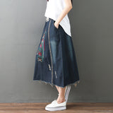Elastic Waist Embroidery A-Line Denim Skirt