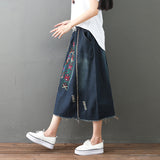 Elastic Waist Embroidery A-Line Denim Skirt