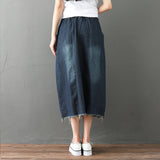 Elastic Waist Embroidery A-Line Denim Skirt