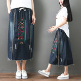 Elastic Waist Embroidery A-Line Denim Skirt