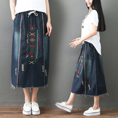 Elastic Waist Embroidery A-Line Denim Skirt