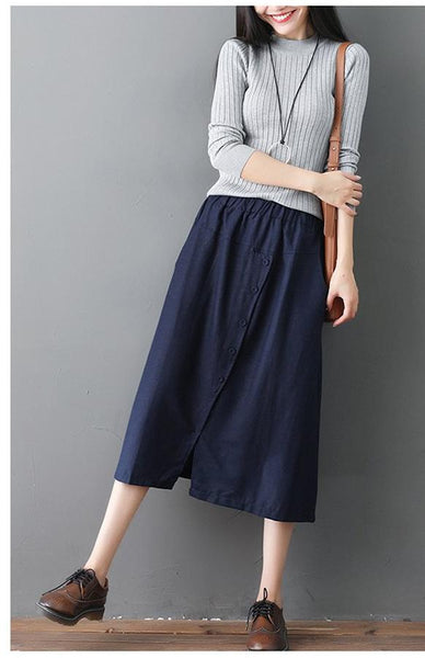 Elastic Waist Front Button A-Line Skirt