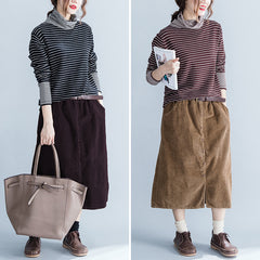 Elastic Waist Front Button Corduroy A-Line Skirt [Pre-Order] Color: Purple/Brown - One Size