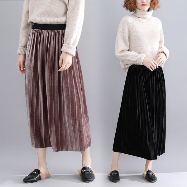Elastic Waist Pleated Midi Skirt