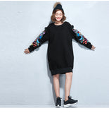 Oversize Embroidery Printed Sweatshirt Dress [Pre-Order] Color:  Black - One Size