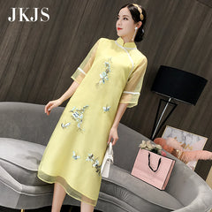 CNY Ethnic Floral Embroidered Cheongsam Dress [Pre-Order] Color: Yellow - Size: S-L 567401389139#3780738850674 567401389139#3780738850675 567401389139#3786244034999