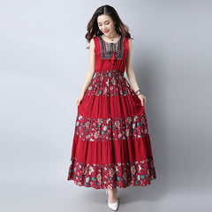 CNY Floral Embroidered Pleated Waist Hem Dress