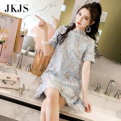 CNY Ethnic Floral Embroidered Cheongsam Dress [Pre-Order] Color: Blue/Pink/Beige - Size: S-XL 567406693417#3615757589851 567406693417#3794252435366 567406693417#ot-s-567406693417-1 567406693417#ot-s-567406693417-2