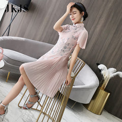 CNY Ethnic Floral Embroidered Cheongsam Dress [Pre-Order] Color: Pink - Size: S-L 568908775581#3808073523574