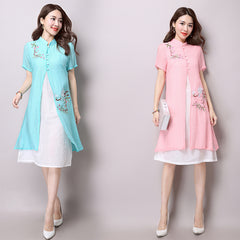 CNY Floral Embroidery Split Hem Cheongsam Dress