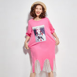 Oversize Graphic Printed Irregular Lace Hem Dress