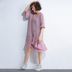 Oversized V-Neck Flare Hem Dress [Pre-Order] Color:  Pink - One Size