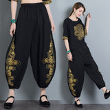 CNY Retro Embroidery Elastic Waist Pants