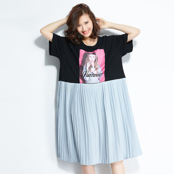 Oversize Graphic Printed Waist Pleated Hem Dress