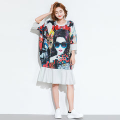 Oversize Graphic Printed Flare Hem Dress