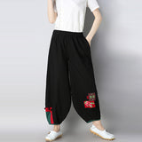 CNY Retro Embroidery Elastic Waist Pants
