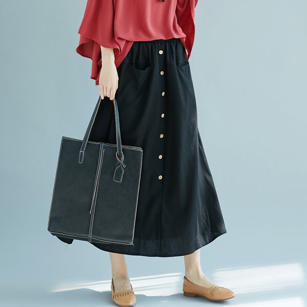 Elastic Waist Front Button A-Line Skirt