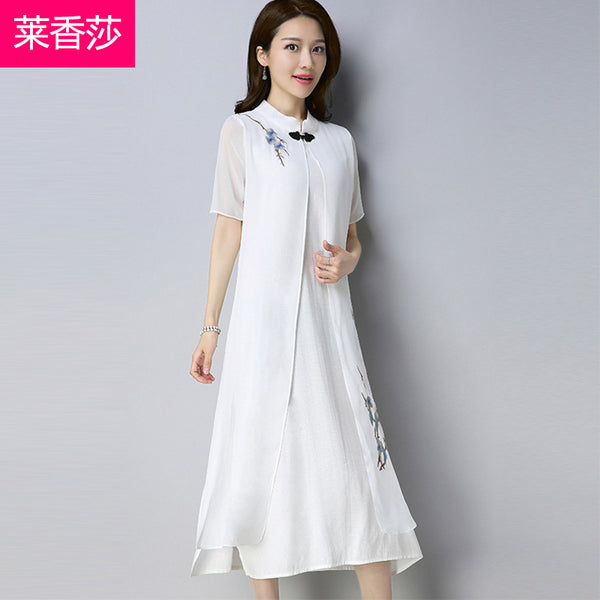 CNY Ethnic Style Embroidery Cheongsam Chiffon Dress [Pre-Order] Color: Blue/Red/White - Size: M-XL 566111616893#3595046061460 566111616893#3595046061461 566111616893#3595046061462