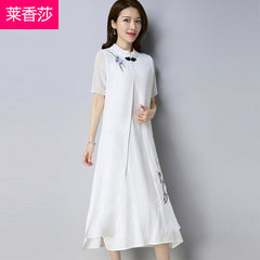 CNY Ethnic Style Embroidery Cheongsam Chiffon Dress [Pre-Order] Color: Blue/Red/White - Size: M-XL 566111616893#3595046061460 566111616893#3595046061461 566111616893#3595046061462