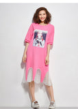 Oversize Graphic Printed Irregular Lace Hem Dress [Pre-Order] Color:  Pink - One Size