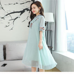 CNY Ethnic Style Embroidery Cheongsam Dress [Pre-Order] Color: Blue/Pink - Size: M-2XL
