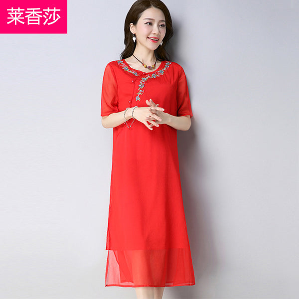 CNY Ethnic Style Chiffon Cheongsam Dress [Pre-Order] Color: White/Red - Size: M-XL 566113128519#3593734904206 566113128519#3593734904207 566113128519#3593734904205