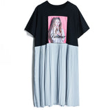 Oversize Graphic Printed Waist Pleated Hem Dress