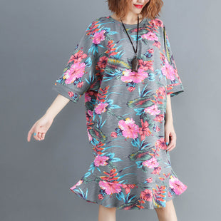 Plus-Size Floral Printed Ruffle Hem Dress