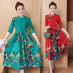 CNY Floral Printed High-Waist Pleated Hem Dress
