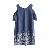 Off Shoulder Embroidery Denim Dress
