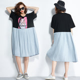 Oversize Graphic Printed Waist Pleated Hem Dress
