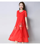CNY Ethnic Style Embroidery Cheongsam Dress [Pre-Order] Color: White/Red/Green - Size: M-XL