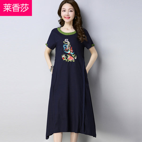 CNY Ethnic Style Embroidery Irregular Cheongsam Dress [Pre-Order] Color: Blue/Red - Size: M-XL 566226225640#3593707656569 566226225640#3593707656568 566226225640#3593707656567