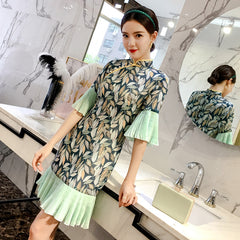 CNY Ethnic Style Embroidered Pleated Hem Cheongsam Dress