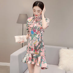 CNY Ethnic Floral Flare Hem Cheongsam Dress