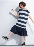Oversize Stripe Top Pleated Hem Dress [Pre-Order] Color:  Blue - One Size