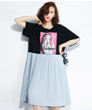 Oversize Graphic Printed Waist Pleated Hem Dress [Pre-Order] Color:  Black - One Size