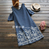 Off Shoulder Embroidery Denim Dress 572552260363#3895384970302