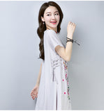CNY Ethnic Style Embroidery Cheongsam Dress [Pre-Order] Color: White/Gray - Size: M-XL