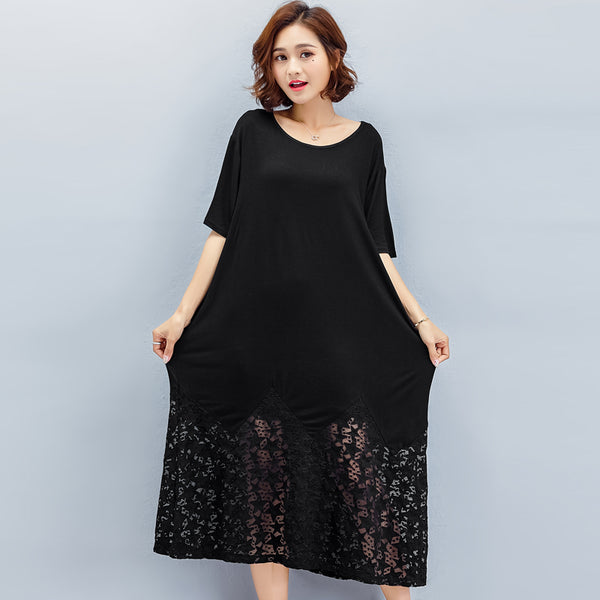 Oversize Lace Stitching Flare Hem Dress